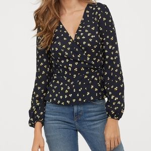 Navy Blue Floral Puffy-Sleeve Blouse
